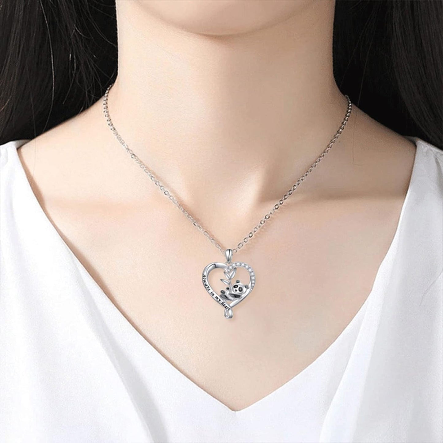 Silver Crystal Panda Necklace Choker Vintage Heart Panda Pendant Cute Animal Necklace Charm Jewelry I Love You Forever Birthday Gifts for Kids Women and Girls