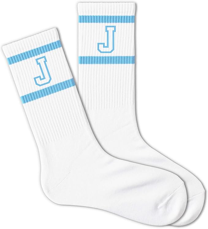 Light Blue and White Striped Crew Socks with the Letter， Classic Varsity Sports Style Monogram Socks