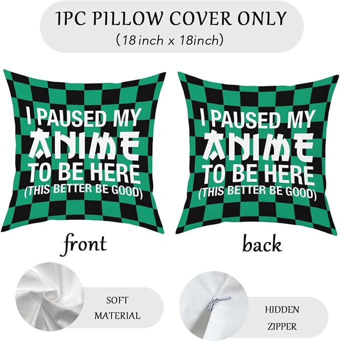 Anime Decor, I Paused My Anime to Be Here Anime Room Decorative Throw Pillow Covers, Girls Anime Gifts Anime Lovers for Home Living Room Girl Women Bedroom Decoration Gifts Black
