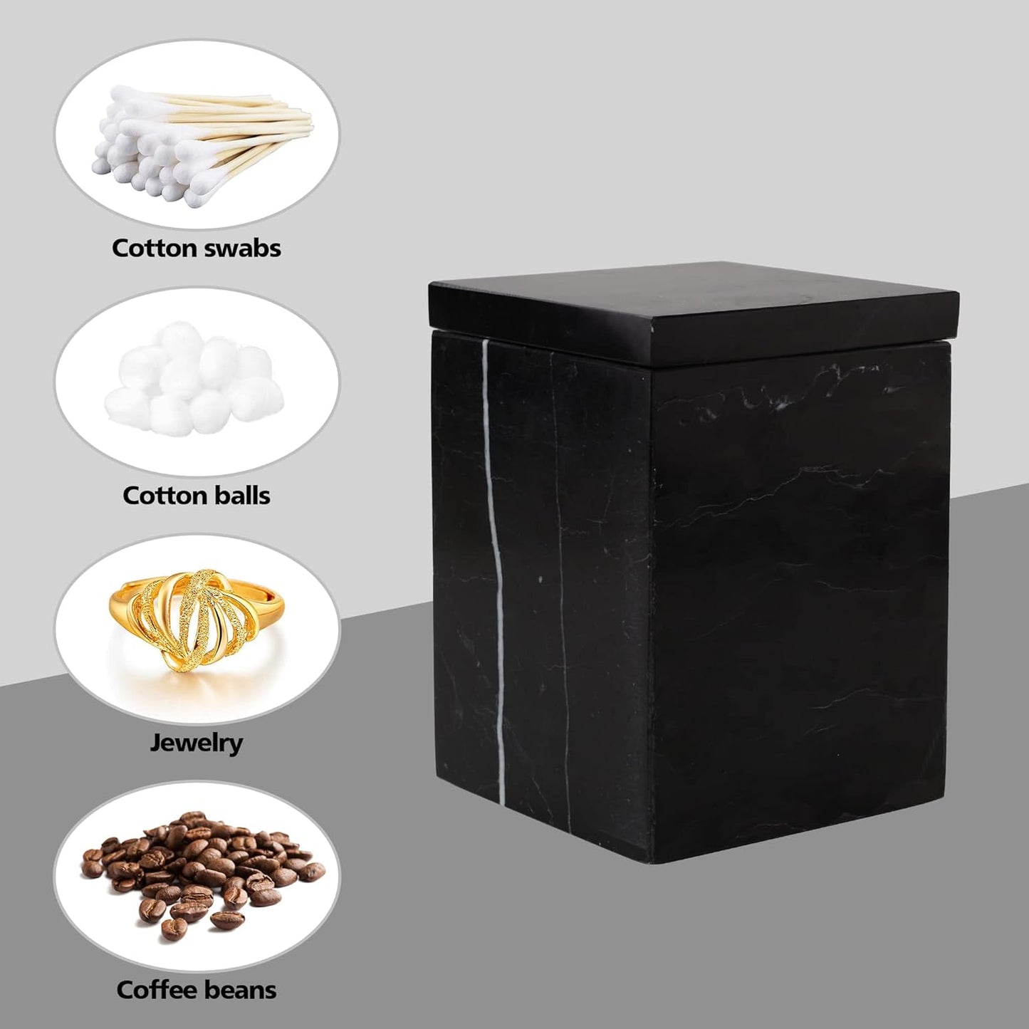 WORHE Marble Canister Natural Stone Qtip Holder with Lid Square Bathroom Vanity Organizer for Makeup Sponge Coffee Bean Dispenser Storage Jar Case for Home Decor Black (DLB202)