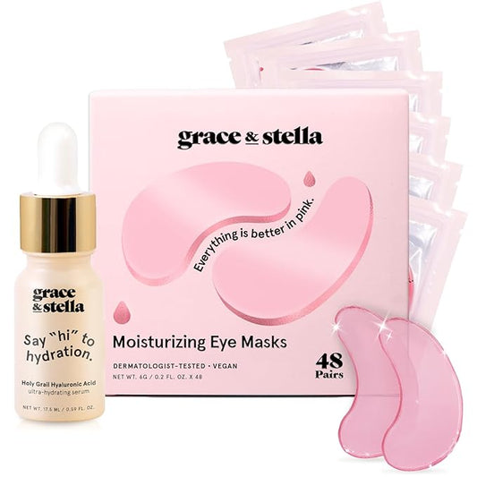 grace & stella Award Winning Under Eye Mask - Reduce Dark Circles, Puffy Eyes, Eye Bags, Wrinkles - Undereye Patches - Friendship Gifts for Women (Pink Eye Mask 48 Pairs + Hyaluronic Acid Serum 17ml)