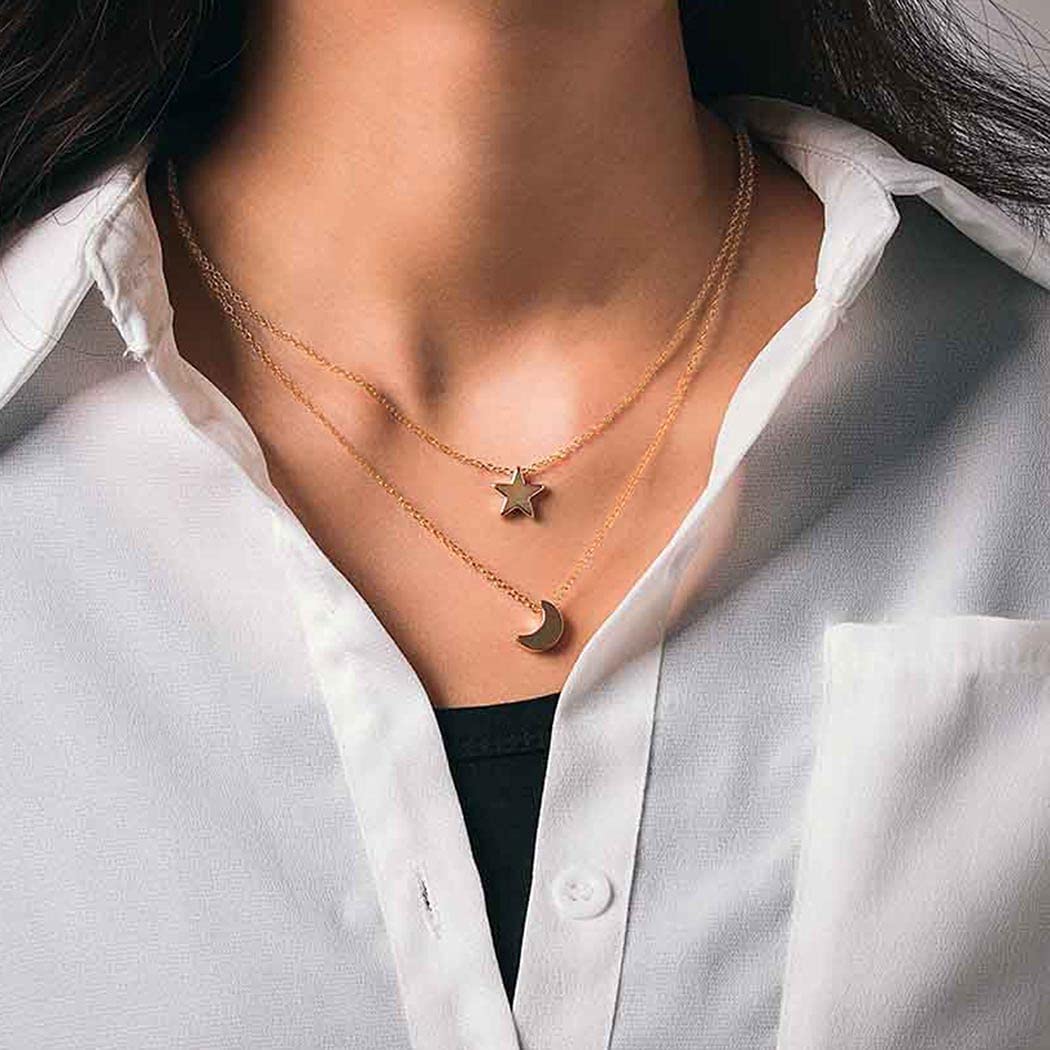 Bohemian Layered Necklace Moon Star Necklace Chain Long Pendant Necklaces Jewelry for Women and Girls (Gold)