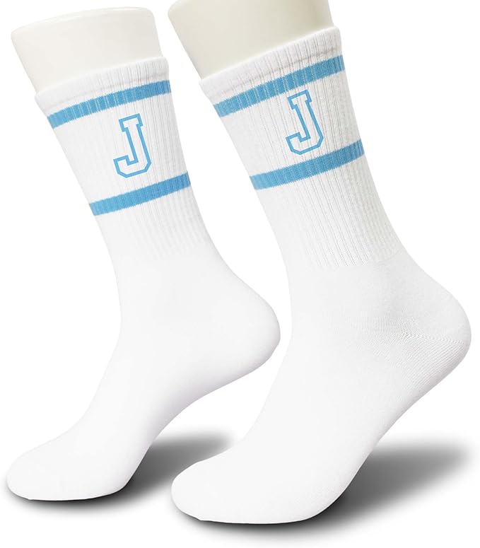 Light Blue and White Striped Crew Socks with the Letter， Classic Varsity Sports Style Monogram Socks