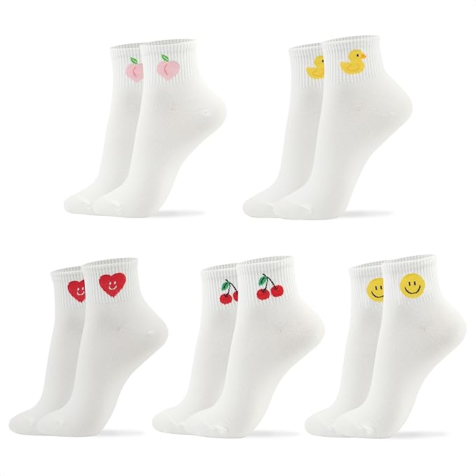 kikiya socks Women Ankle | 4-6 Pairs Heart Design Cute Animal Graphic Novelty Fruit Print Ladies Girls Cotton Socks | US 6-8