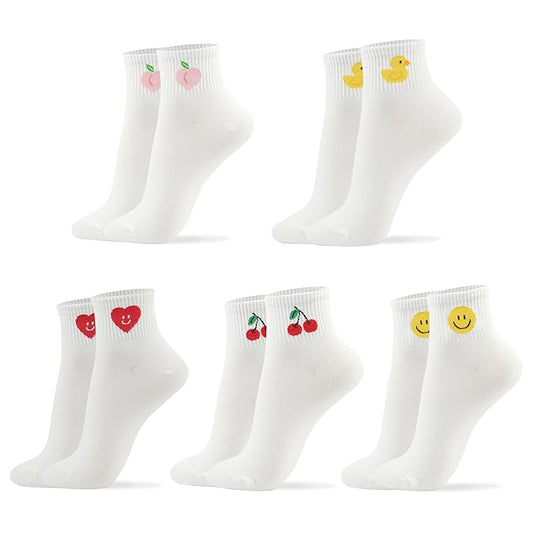 kikiya socks Women Ankle | 4-6 Pairs Heart Design Cute Animal Graphic Novelty Fruit Print Ladies Girls Cotton Socks | US 6-8