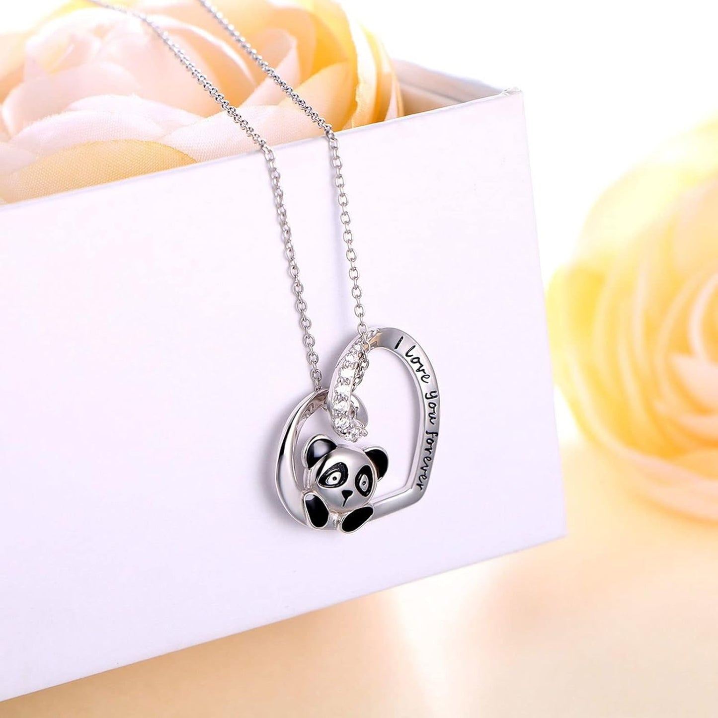 Silver Crystal Panda Necklace Choker Vintage Heart Panda Pendant Cute Animal Necklace Charm Jewelry I Love You Forever Birthday Gifts for Kids Women and Girls