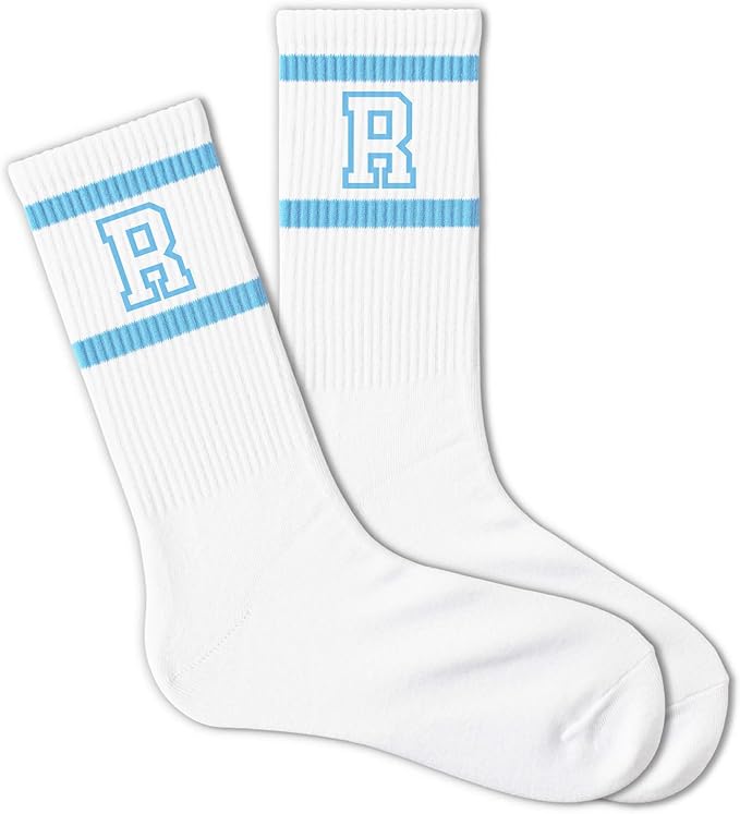 Light Blue and White Striped Crew Socks with the Letter， Classic Varsity Sports Style Monogram Socks