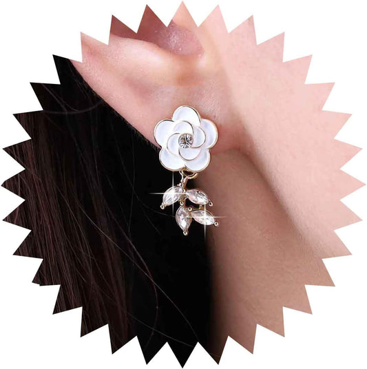 Vintage Crystal Flower Earrings Rhinestone Leaf Drop Earrings White Camellia Stud Earring Gold Cz Flower Bridal Earrings Jewelry for Women