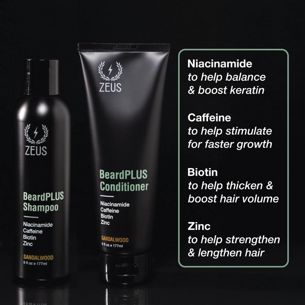 ZEUS BeardPLUS Essential Beard Growth Set for Men, Hair Growth Treatment, Shampoo, Conditioner & Serum for Thicker & Stronger Facial Hair with Biotin & Caffeine (Made in USA) 3-Piece Set