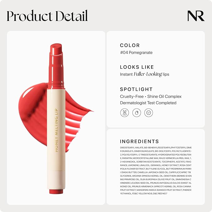 Nature Republic HONEY MELTING LIP (04 POMEGRANATE) SOFT LIP STICK, Hydrating Gloss, Moisturizing balms, Sheer tint, Shine & Glowy Finish, korean make up, Stocking Stuffers