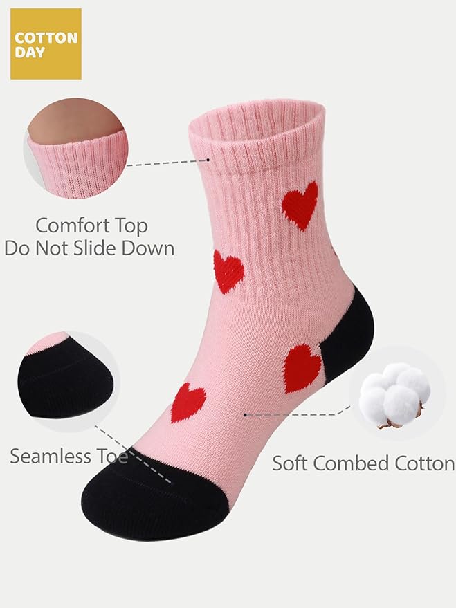 COTTON DAY Kids Girls Pink White Crew Athletic Socks with Retro Stripes Hearts