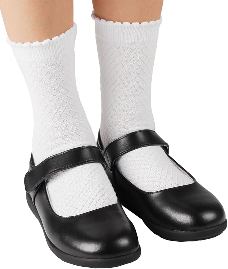 COTTON DAY Girls White Dressy Textured Short Socks Scallop Top Design 5 Pack