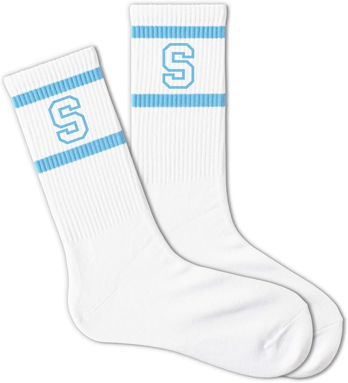 Light Blue and White Striped Crew Socks with the Letter， Classic Varsity Sports Style Monogram Socks