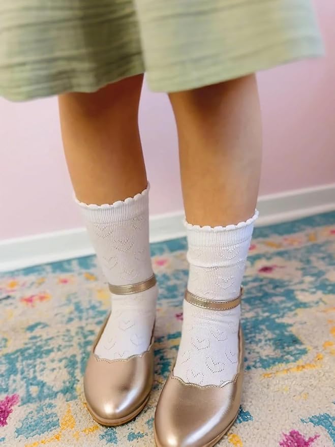 COTTON DAY Girls White Dressy Textured Short Socks Scallop Top Design 5 Pack