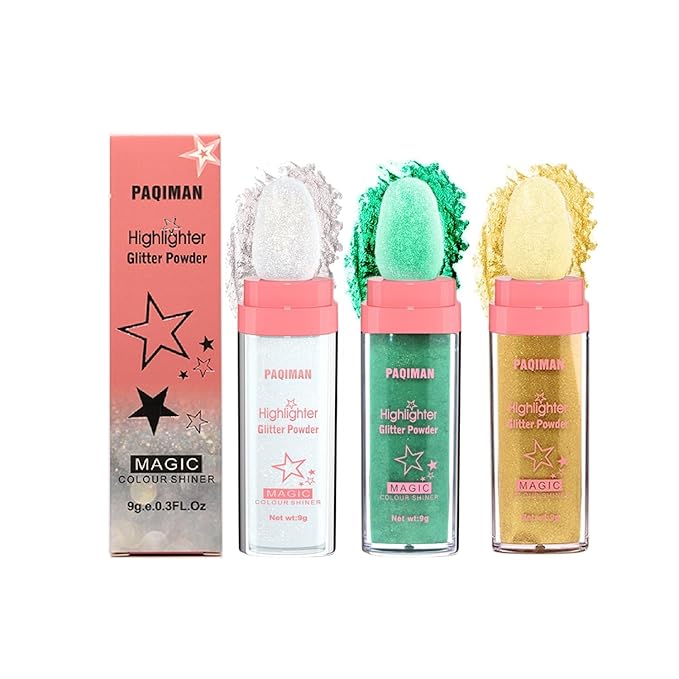 3 Color Glitter Powder, Neon Accessories Outfit Party Body Sparkling Highlighter Makeup.01# White moonbeam&04#Green&05#Gold