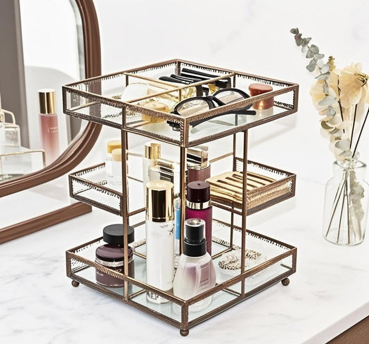Vintage Glow Antique 360 Degree Rotating Makeup Organizer,4-Tier Spinning Perfume Tray,Countertop Cosmetic Storage,Glass Beauty Display,Retro Large Capacity Vanity Organizer for Brushes Skincare