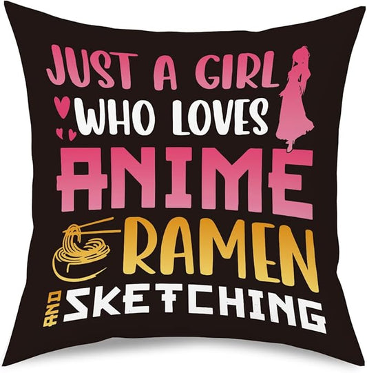Anime Decor, Just a Girl Who Loves Anime Ramen Anime Room Decorative Throw Pillow Covers, Girls Anime Gifts Anime Lovers for Home Living Room Girl Women Bedroom Decoration Gifts Black
