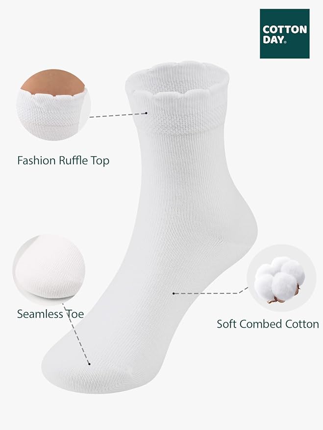 COTTON DAY Girls White Dressy Textured Short Socks Scallop Top Design 5 Pack