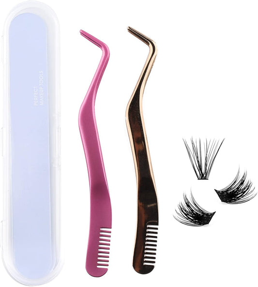 FADLASH Lash Tweezers for Individual & Cluster Lashes, 2pcs DIY Eyelash Extension Supplies, Lash Applicator Tool, Eyelash Tweezers for False Lash Extension, Pink & Rose Gold
