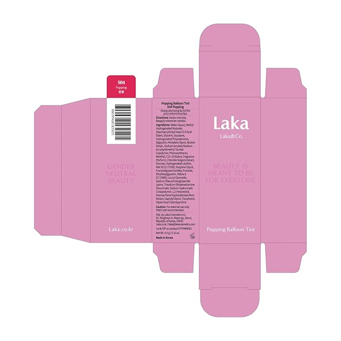 Laka Popping Balloon Lip Stain, 4.5g/0.15oz, Glossy Plumping Lip Tint, Moisturizing, Non-Sticky Texture for All-Day Hydration, Vegan, K-Beauty (#504 Popping)