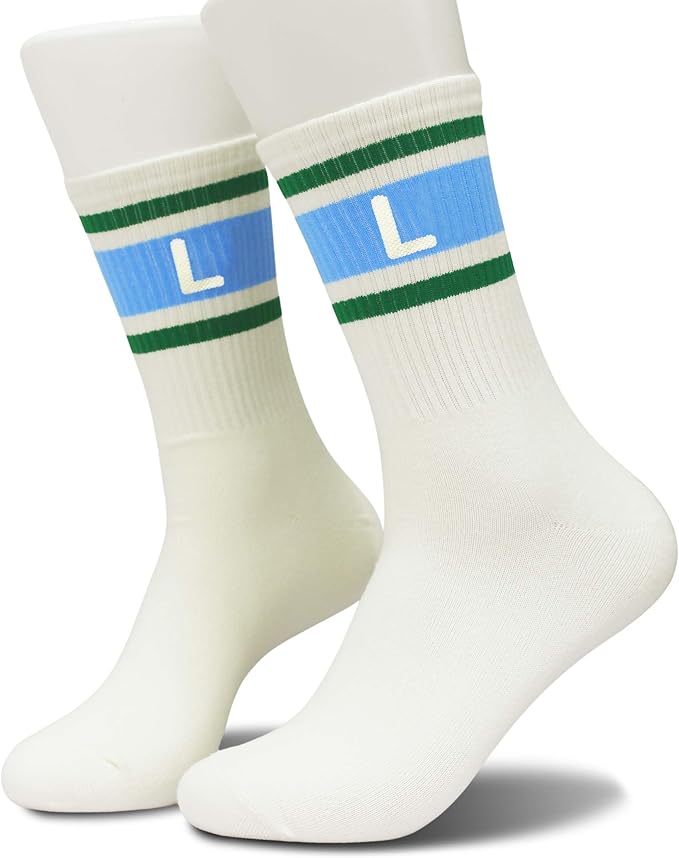 Blue and Off-white Retro Striped Crew Socks with The Letter, Classic Initial Sporty Monogram Socks.