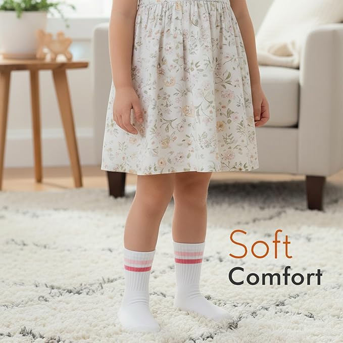 HONGTEYA Kids Socks for Girls Boys Soft Stretch Cotton Crew Seamless Athletic Socks School Uniform 4-12 Years 5 Packs