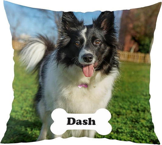 Fabric Textile Products Custom Pet Pillow - USA Made - Custom Pillow with Cat and Dog Photos - Bone with Name - Throw Pillow - Personalized Gift - Pet Gifts (16"x16")