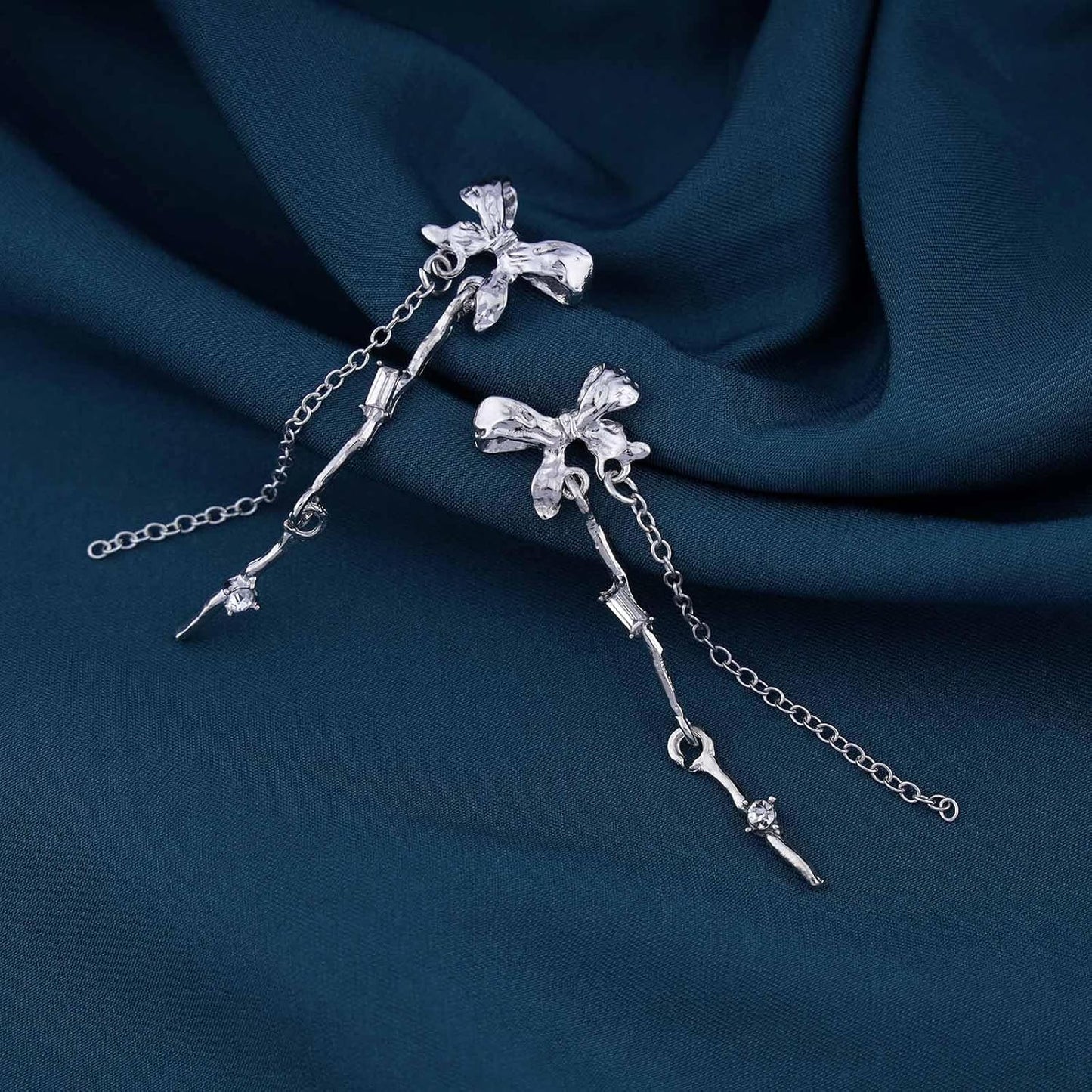 Vintage Bow Crystal Drop Earrings Silver Bar Dangle Earrings Long Crystal Bow Chain Earrings Cz Tassel Chain Earrings Jewelry for Women