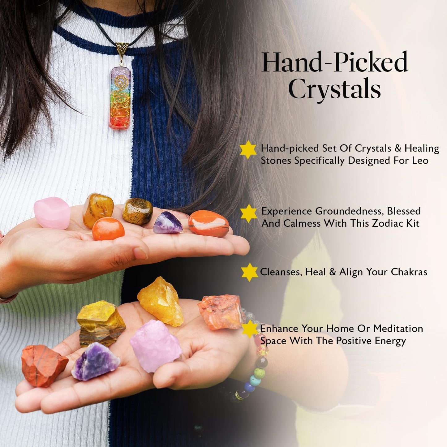 NARIBABU Leo Crystal Gift - Zodiac Crystals - Healing Crystal Pendant & Bracelet - Leo Horoscope Gifts - Zodiac Crystals for Beginners - Good Luck Birthstones Crystal Kit