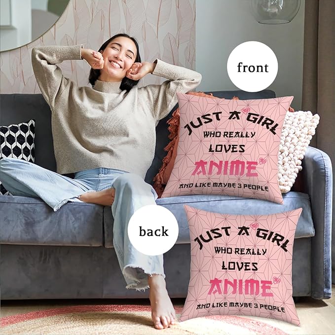 Anime Decor, Just a Girl Who Loves Anime Anime Room Decorative Throw Pillow Covers, Girls Anime Gifts Anime Lovers for Home Living Room Girl Women Bedroom Decoration Gifts Pink