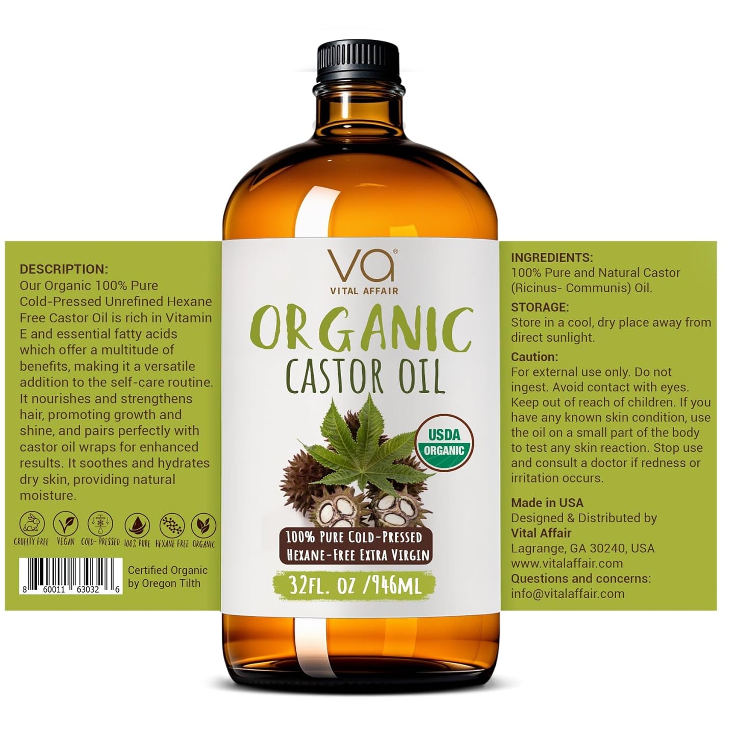 Pure Organic Castor Oil 32oz – Cold Pressed, Unrefined, USDA Organic – Glass Bottle for Hair Growth, Eyelashes, Eyebrows, Face & Castor Oil Packs