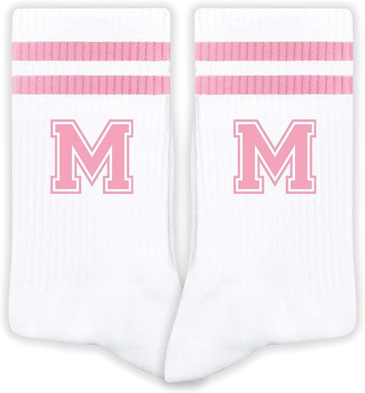 Pink And White-Striped Letter Socks, Sports Socks For Women, Pink Team socks, Friends And Family, Birthday Gift.