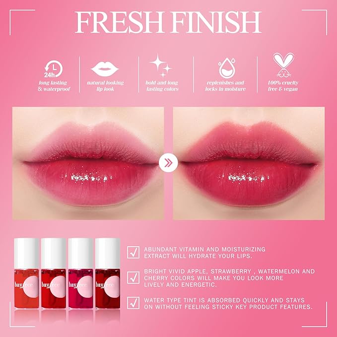 bayfree Lip Tint Stain Set, Korean Water Tint Lightweight Non-sticky, Waterproof Long Lasting Liquid Blush & Lip Stain, Transfer-Proof, Matte Finish Lip Color Makeup (fruit farm)