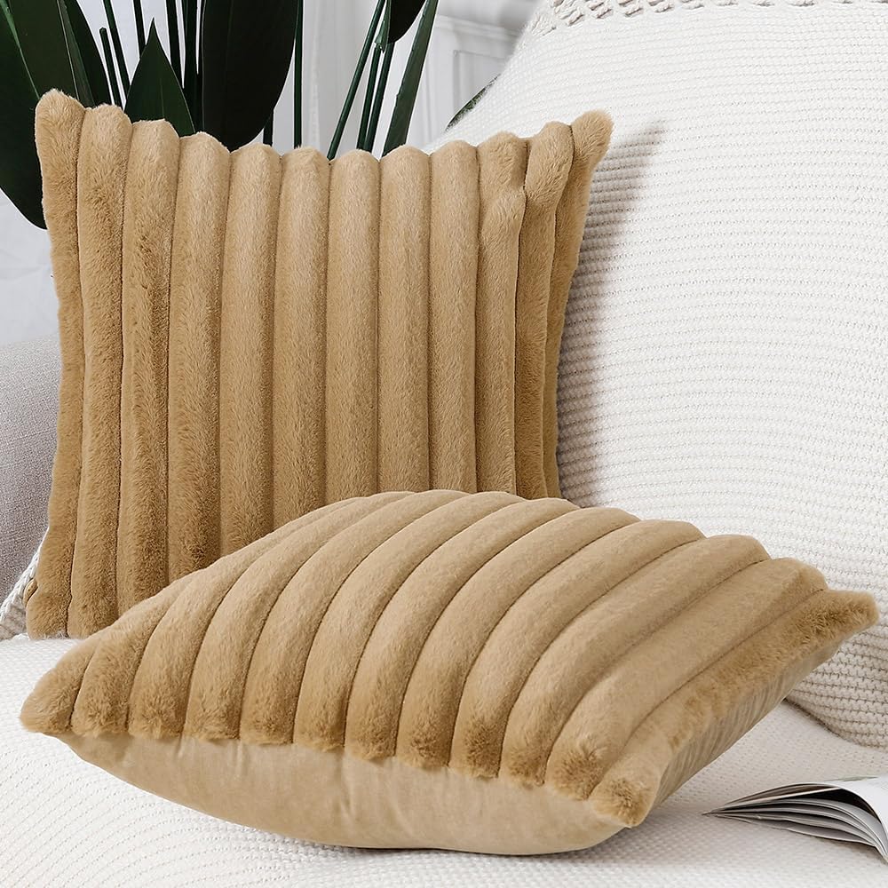 MADIZZ Set of 2 Faux Wool Plush Decorative Throw Pillow Covers 26x26 Inch Camel Fluffy Striped Soft Decorative Cushion Cover for Sofa Bedroom Pillow Shell