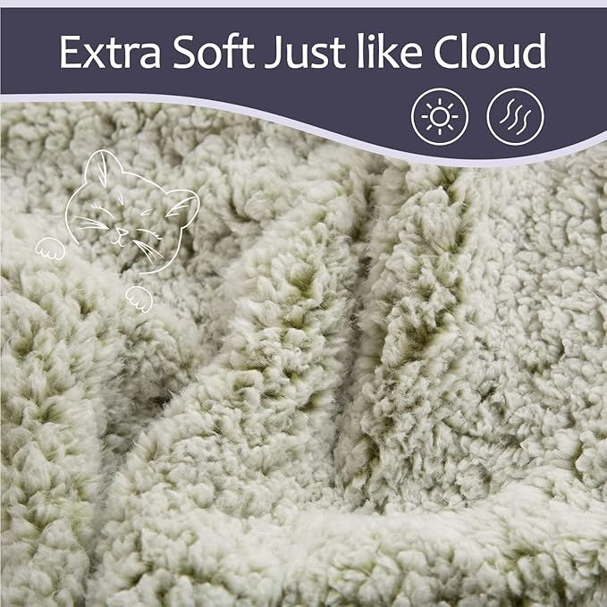 EMME Soft Sherpa Fleece Blanket Reversible Plush Fluffy Large Blanket, Light Weight Warm Decorative Boho Blanket Cover for Sofa, Couch, Bedroom,Travel(Plush Sage,108"x90")
