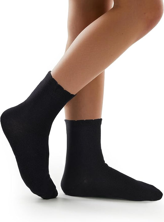 COTTON DAY Girls White Dressy Textured Short Socks Scallop Top Design 5 Pack