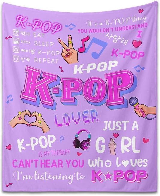 Kpop Gifts Blanket for Teen Girls - Music Gifts for Women Friends K-Pop Fans Lovers, Kpop Merch Stuff, Christmas Birthday Gifts for BFF Girls Women, Just A Girl Who Loves K-pop Blanket 60''x50''