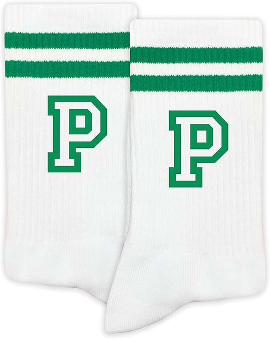 Striped Initial Socks with the Letter in Green, St. Patricks Day Socks Gifts for Family Friends, etc.