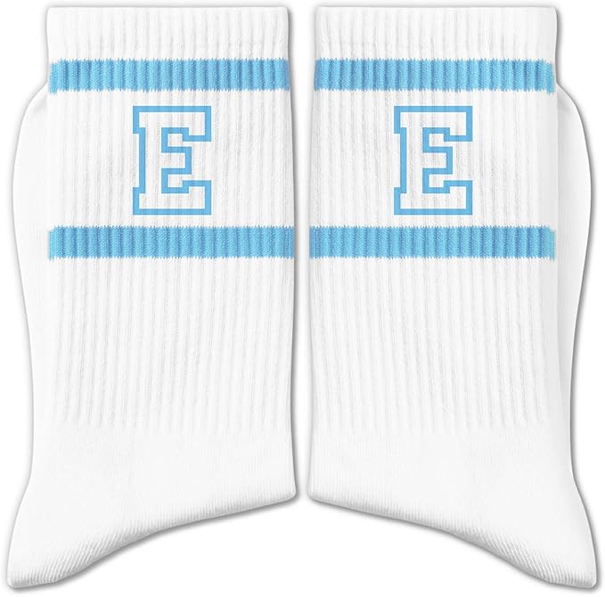 Light Blue and White Striped Crew Socks with the Letter， Classic Varsity Sports Style Monogram Socks
