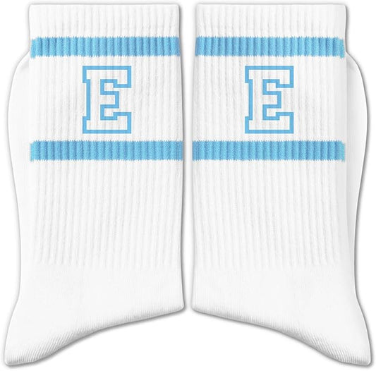 Light Blue and White Striped Crew Socks with the Letter， Classic Varsity Sports Style Monogram Socks