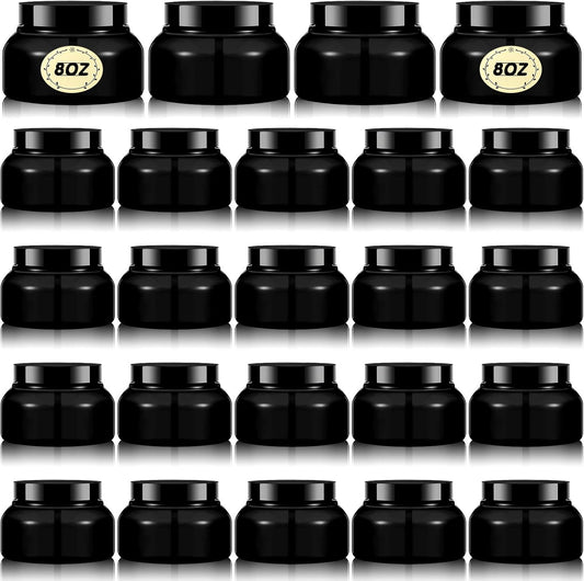 Tessco 24 Pack Plastic Jars with Lids Labels Empty Clear Plastic Jars Round Refillable Cosmetic Containers Body Butter Containers Bulk Sugar Scrub Bottle for Make Up(8 oz,Black)