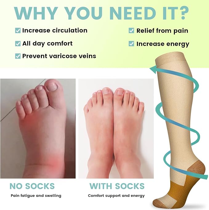 Copper Compression Socks 15-20 mmHg for Men & Women 8 Pairs – Circulation Support for Nurses, Travel, Running, Hiking, Soccer