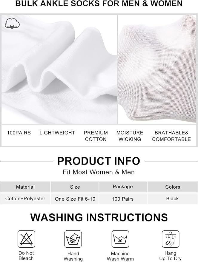 Tarpop 100 Pairs Bulk Mens Socks Moisture Wicking Casual Sports Ankle Socks for Homeless Unisex Adult Men Women