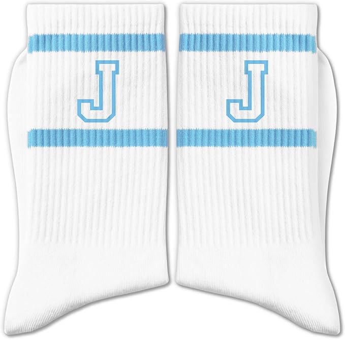 Light Blue and White Striped Crew Socks with the Letter， Classic Varsity Sports Style Monogram Socks