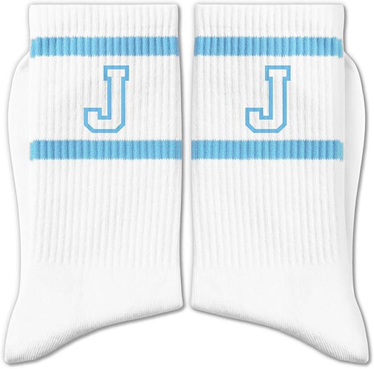 Light Blue and White Striped Crew Socks with the Letter， Classic Varsity Sports Style Monogram Socks