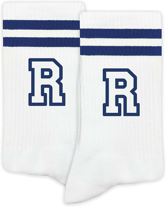 Striped Initial Socks with the Letter in Navy Blue, Socks for Adult, Teens, Men&Women Socks, Gifts for Friends, Family, etc.