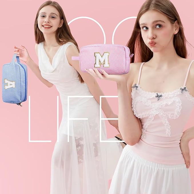 YOOLIFE Makeup Bag for Women - Monogram Cute Initial Blue Makeup Bags Cosmetic Toiletry Pouch Make Up Case for Women Her Best Friend Friendship Sister Teacher, Personalized Birthday Gifts for Women K