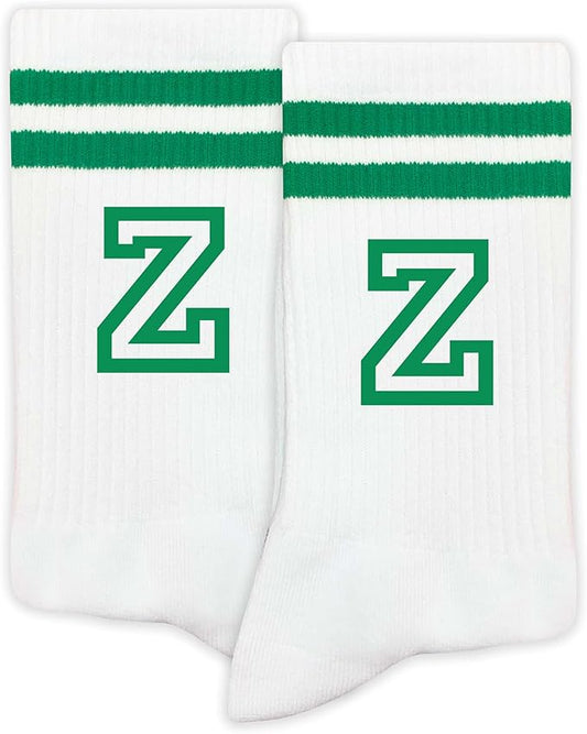 Striped Initial Socks with the Letter in Green, St. Patricks Day Socks Gifts for Family Friends, etc.
