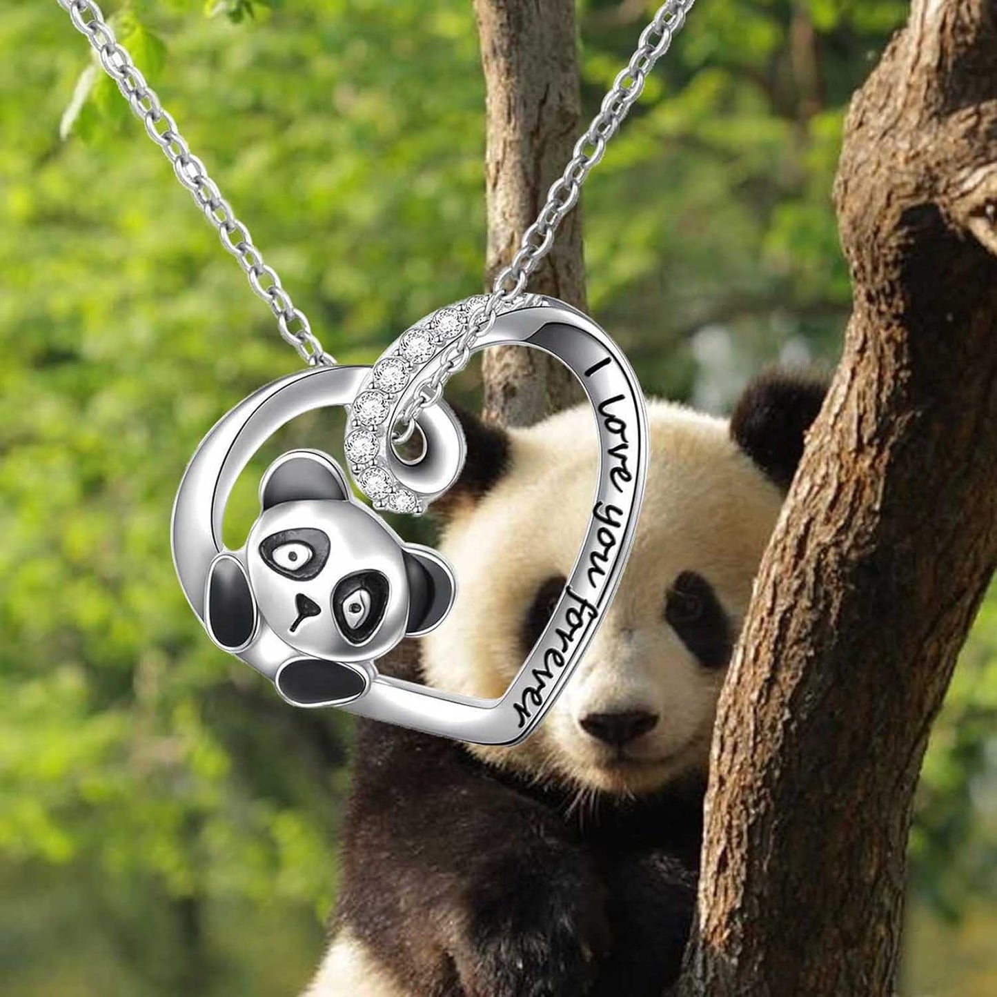 Silver Crystal Panda Necklace Choker Vintage Heart Panda Pendant Cute Animal Necklace Charm Jewelry I Love You Forever Birthday Gifts for Kids Women and Girls