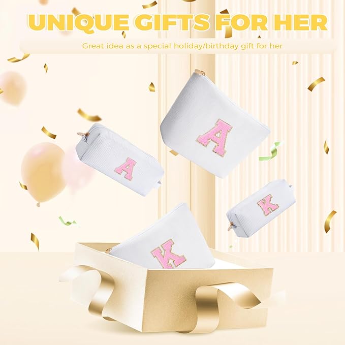 Monogrammed Gifts for Women - Cosmetic Bag for Teen,Initial Cute Makeup Bag Set for Women,Trendy Pouch for Niece Sister Friend Female Her,Birthday Gifts for Daughter - White,L